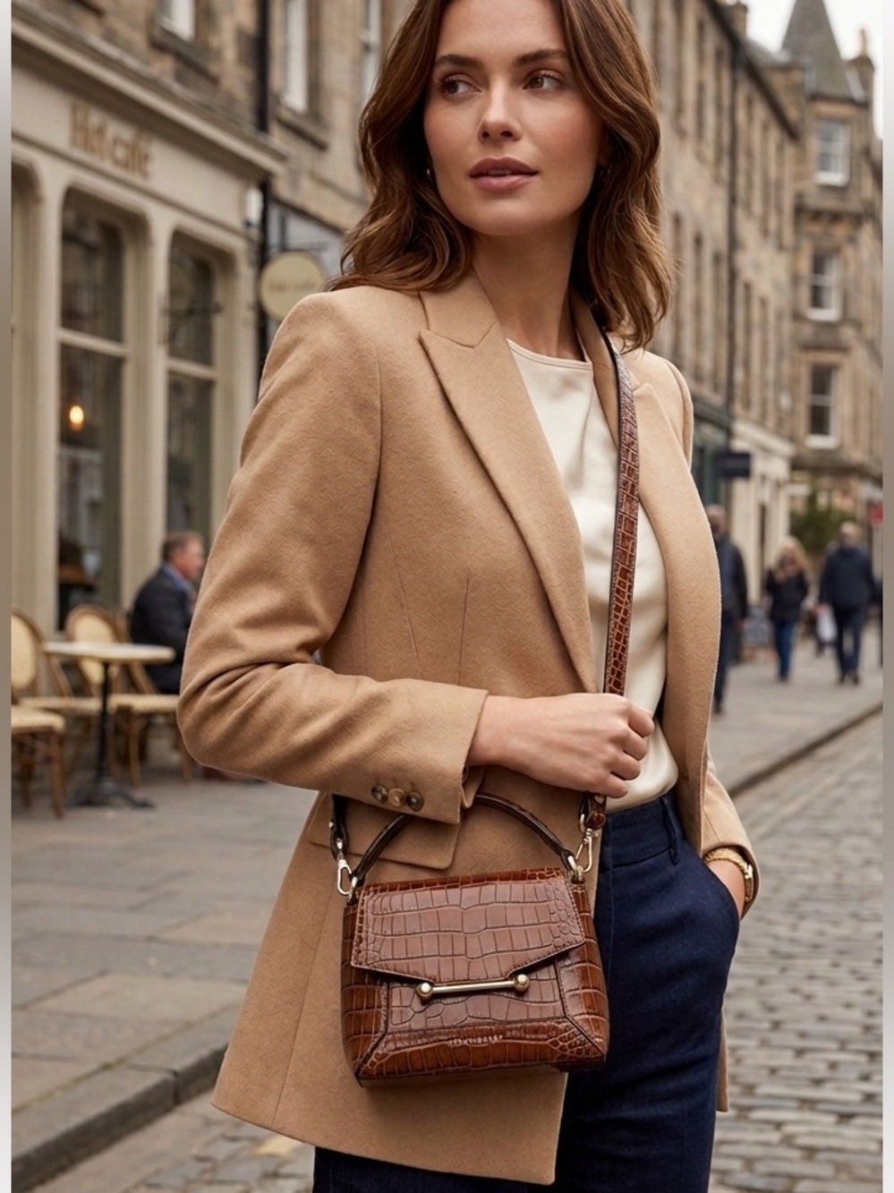 Strathberry Mosaic Nano Crossbody in Walnut Soft Croc-Embossed Leather NEW